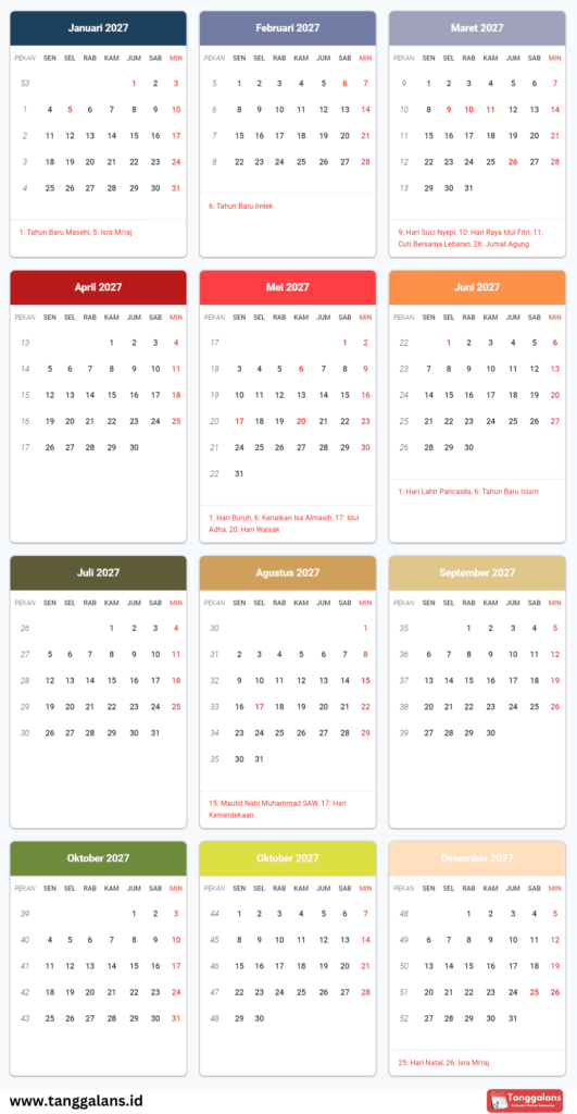Kalender 2027 dengan tanggal merah dan hari libur nasional. Ringkasan bulanan tentang tanggal, hari kerja, dan hari besar keagamaan selama setahun penuh. Ideal untuk merencanakan dan menjadwalkan acara, liburan, dan tanggal penting di Indonesia.