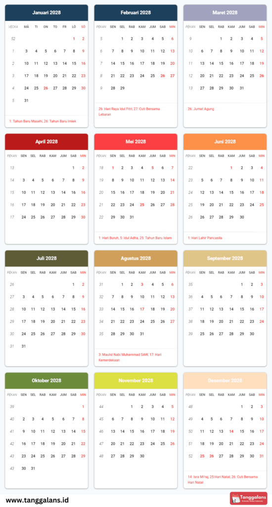 Kalender 2028 dengan tanggal merah dan hari libur nasional. Ringkasan bulanan tentang tanggal, hari kerja, dan hari besar keagamaan selama setahun penuh. Ideal untuk merencanakan dan menjadwalkan acara, liburan, dan tanggal penting di Indonesia.