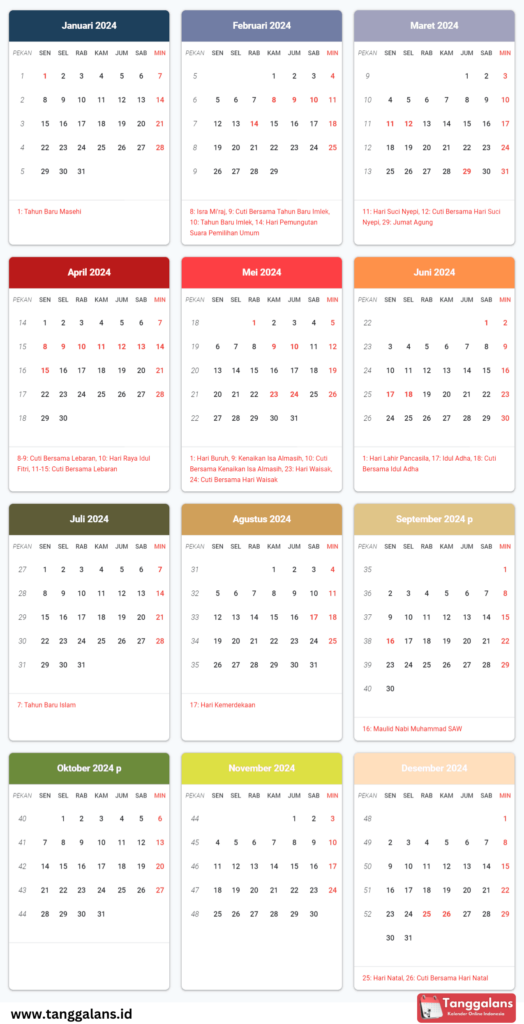 Kalender 2024 dengan tanggal merah dan hari libur nasional. Ringkasan bulanan tentang tanggal, hari kerja, dan hari besar keagamaan selama setahun penuh. Ideal untuk merencanakan dan menjadwalkan acara, liburan, dan tanggal penting di Indonesia.