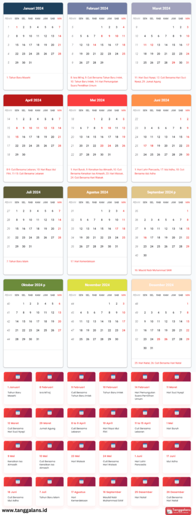 Kalender 2024 dengan tanggal merah dan hari libur nasional. Ringkasan bulanan tentang tanggal, hari kerja, dan hari besar keagamaan selama setahun penuh. Daftar hari libur nasional, ideal untuk merencanakan dan menjadwalkan acara, liburan, dan tanggal penting di Indonesia.