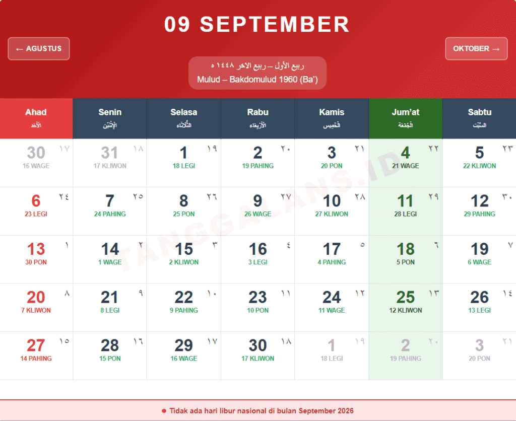Kalender Jawa September 2026
